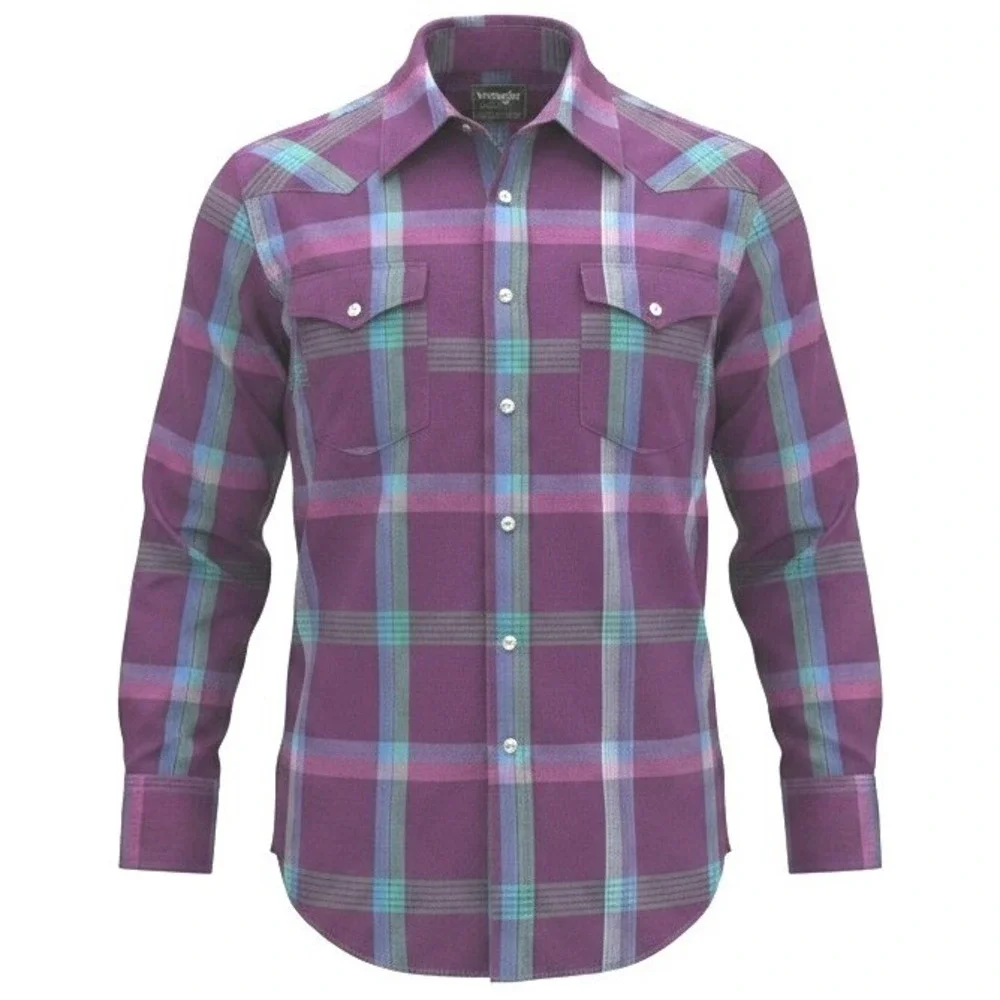 Wrangler Cowboy Cut Mens‎ Purple Plaid Pearl Snap Western Shirt X-Long Tails